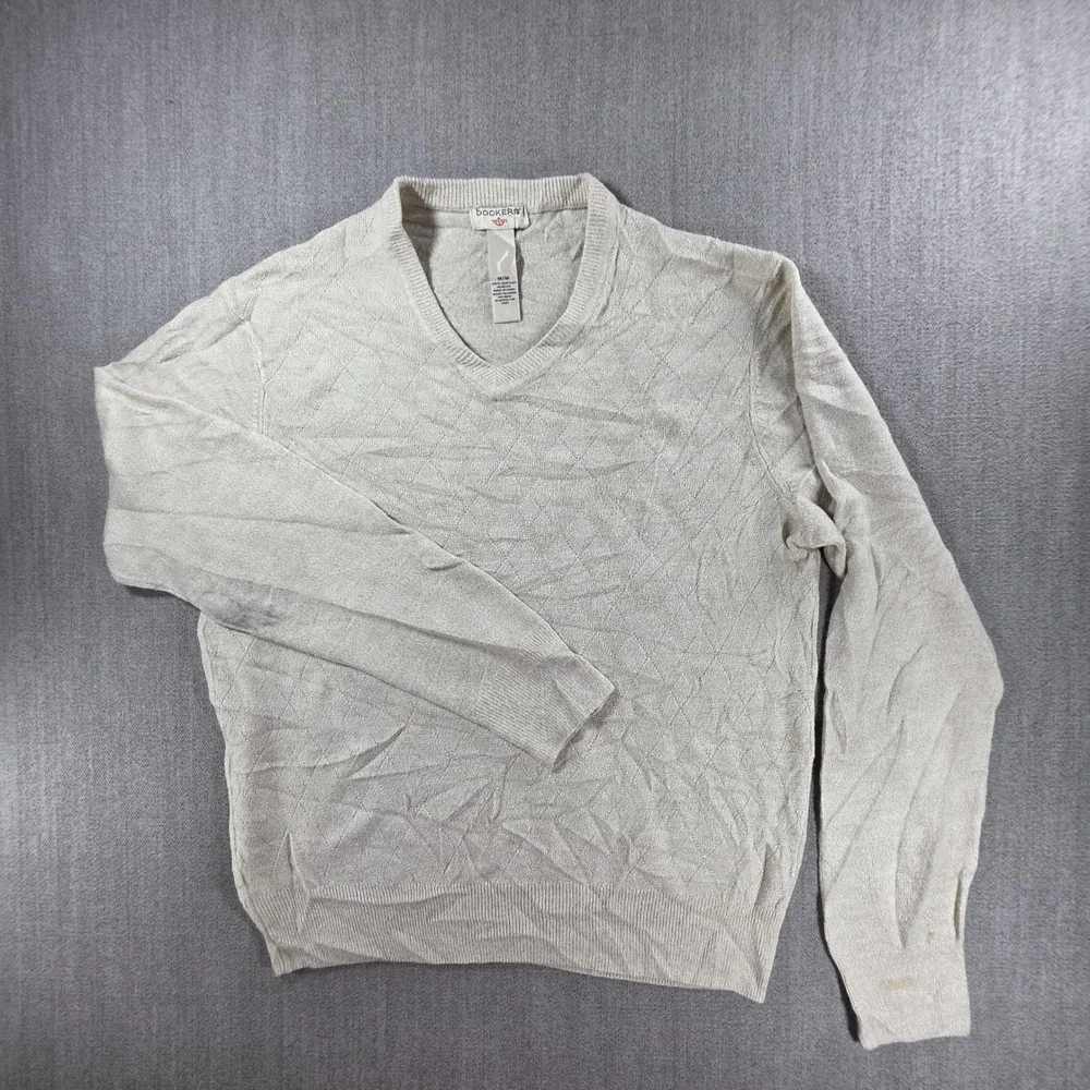 Dockers Sweater Mens Medium Beige V-Neck Textured Diamond Knit Acrylic